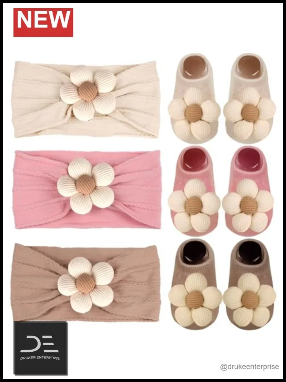 Baby Girl Flower Headbands & Non-Slip Socks Set - Nylon, Spandex - Newborn